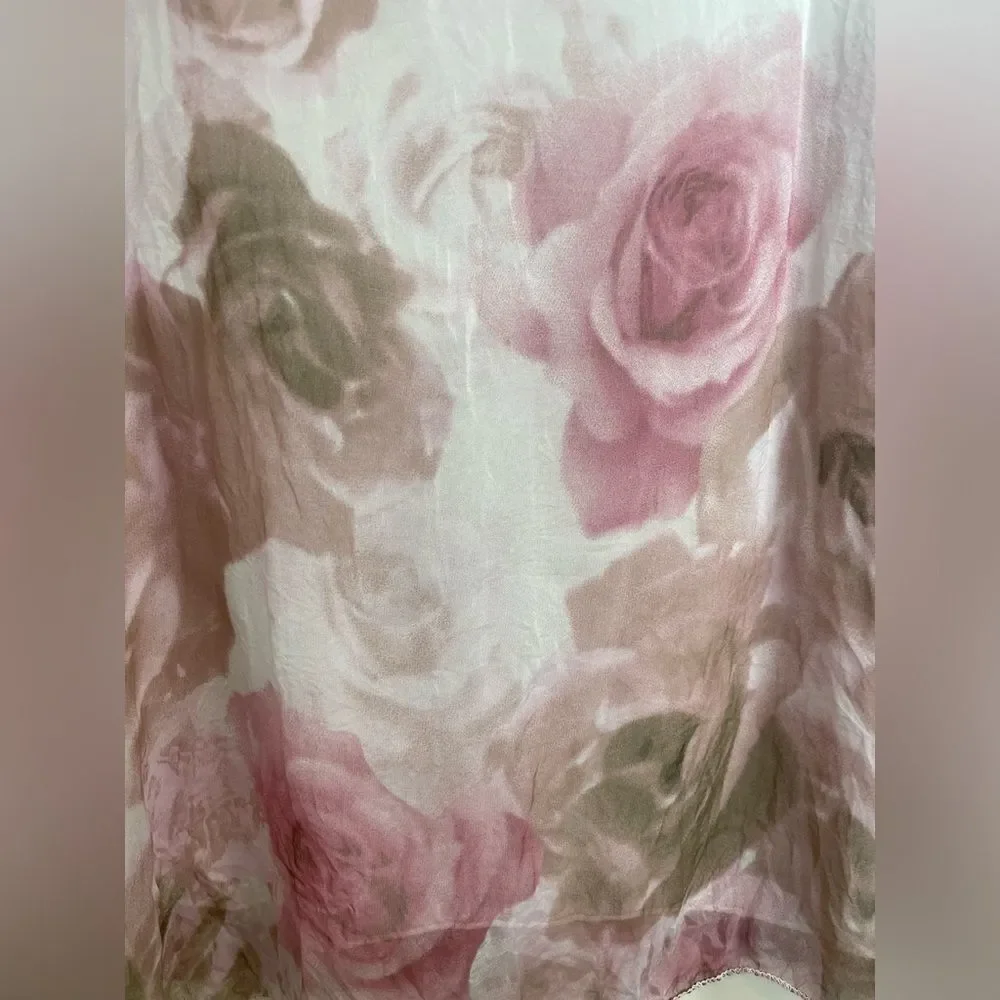 Belle France Silk Blend Rose pattern Coquette Girl Sleeveless Flowy Blouse